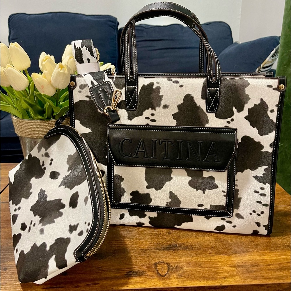 New Brown and White Cow Print Women's Bag Set